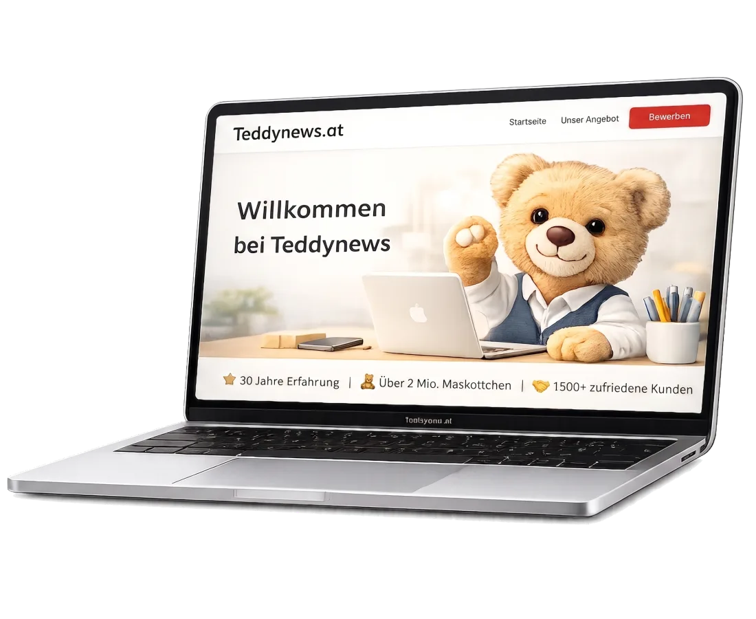 MacBook zeigt die Teddynews-Startseite mit Teddy — 30 Jahre Erfahrung, über 2 Mio. Maskottchen, 1.500+ zufriedene Kunden