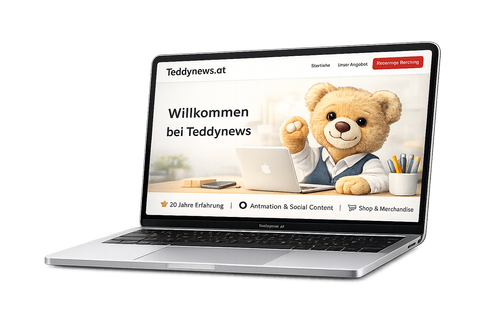 Teddy, der KI-Companion von Teddynews, arbeitet am MacBook — Handwerk trifft KI